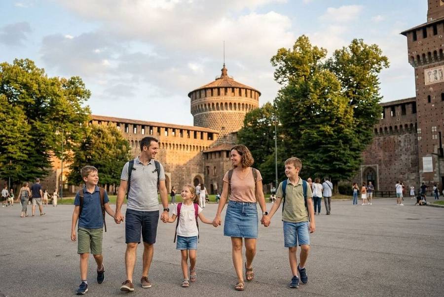 Familia con niños en el Castello Sforzesco